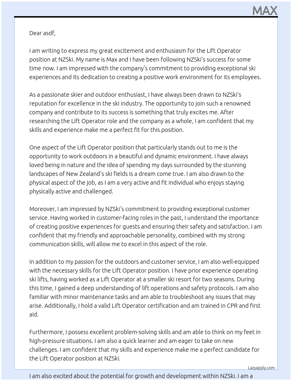 LIft Operator At NZSki Cover Letter