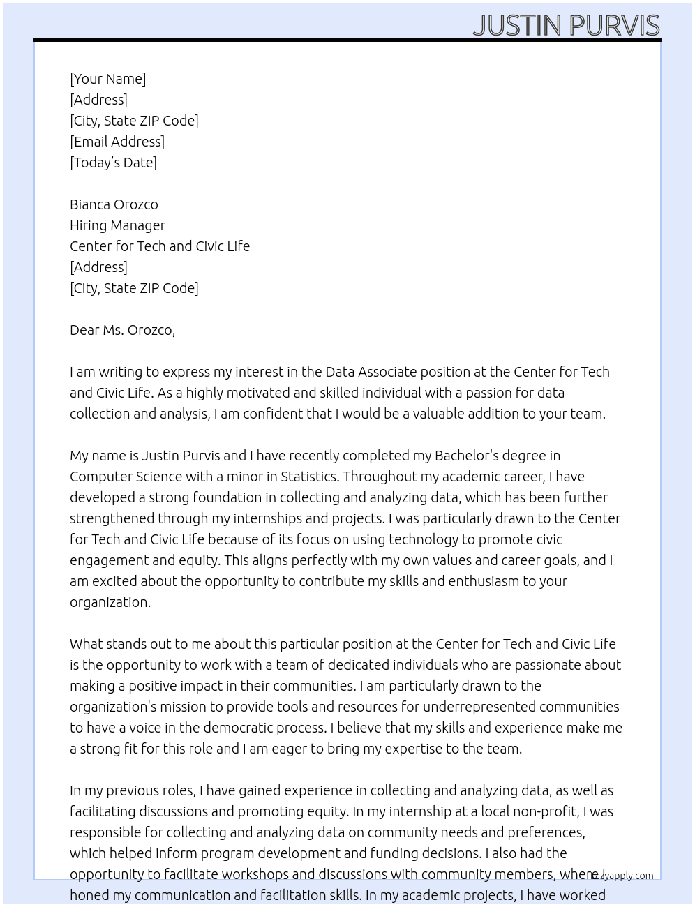 Data Associate At Center for Tech and Civic Life Cover Letter