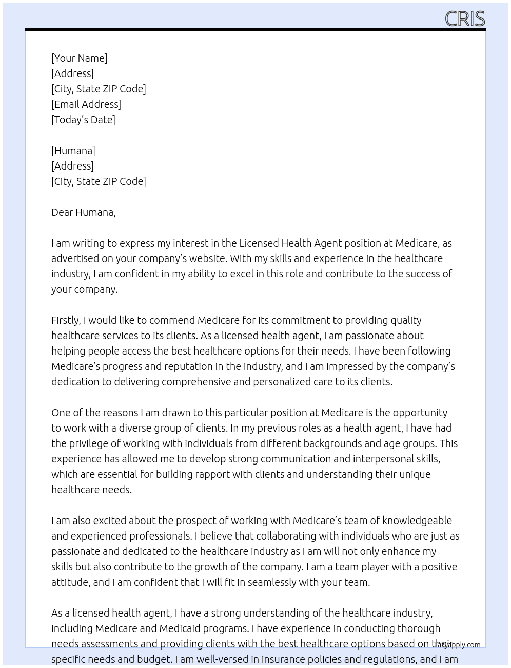 licensed health agent At Medicare Cover Letter