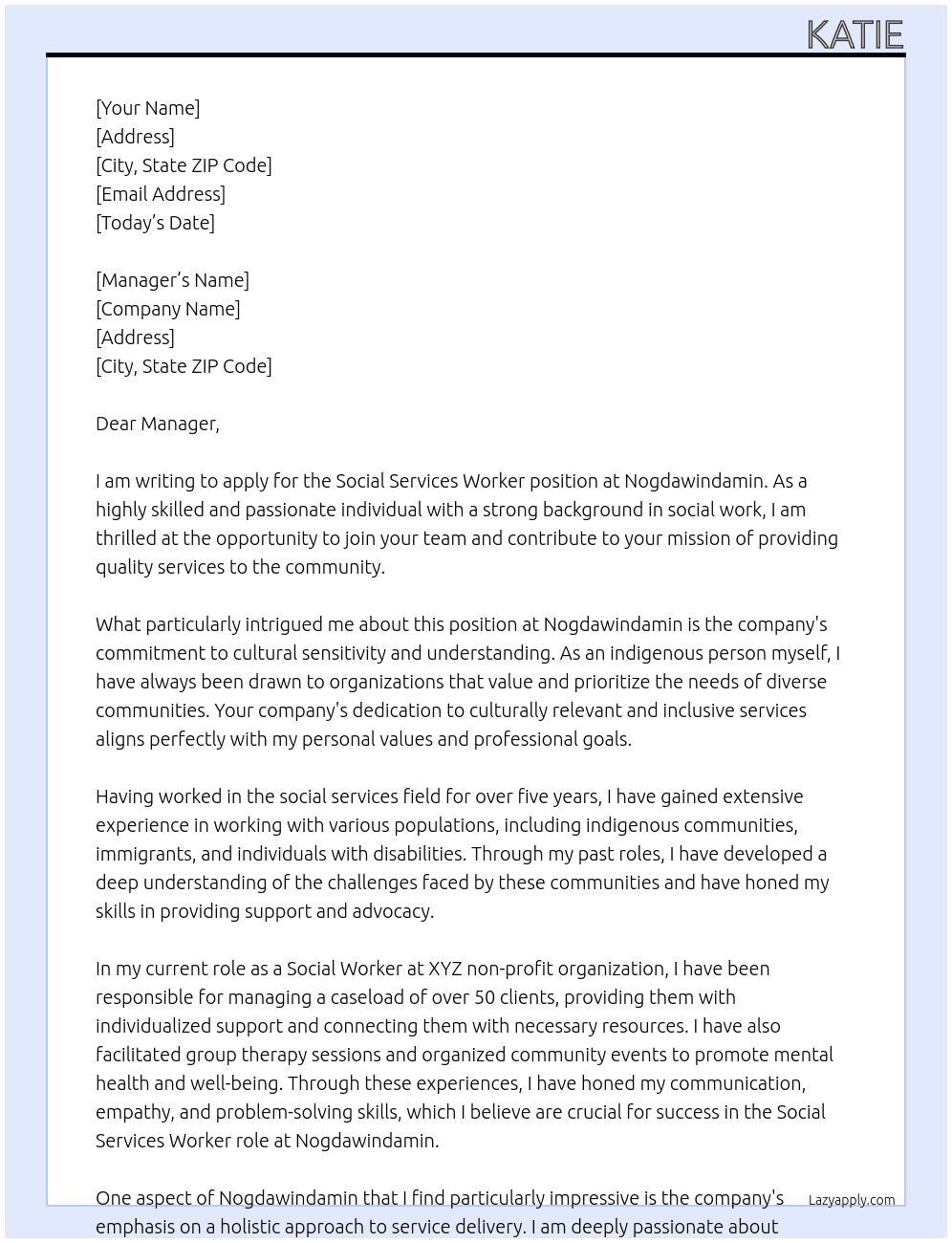 Social services worker At Nogdawindamin Cover Letter