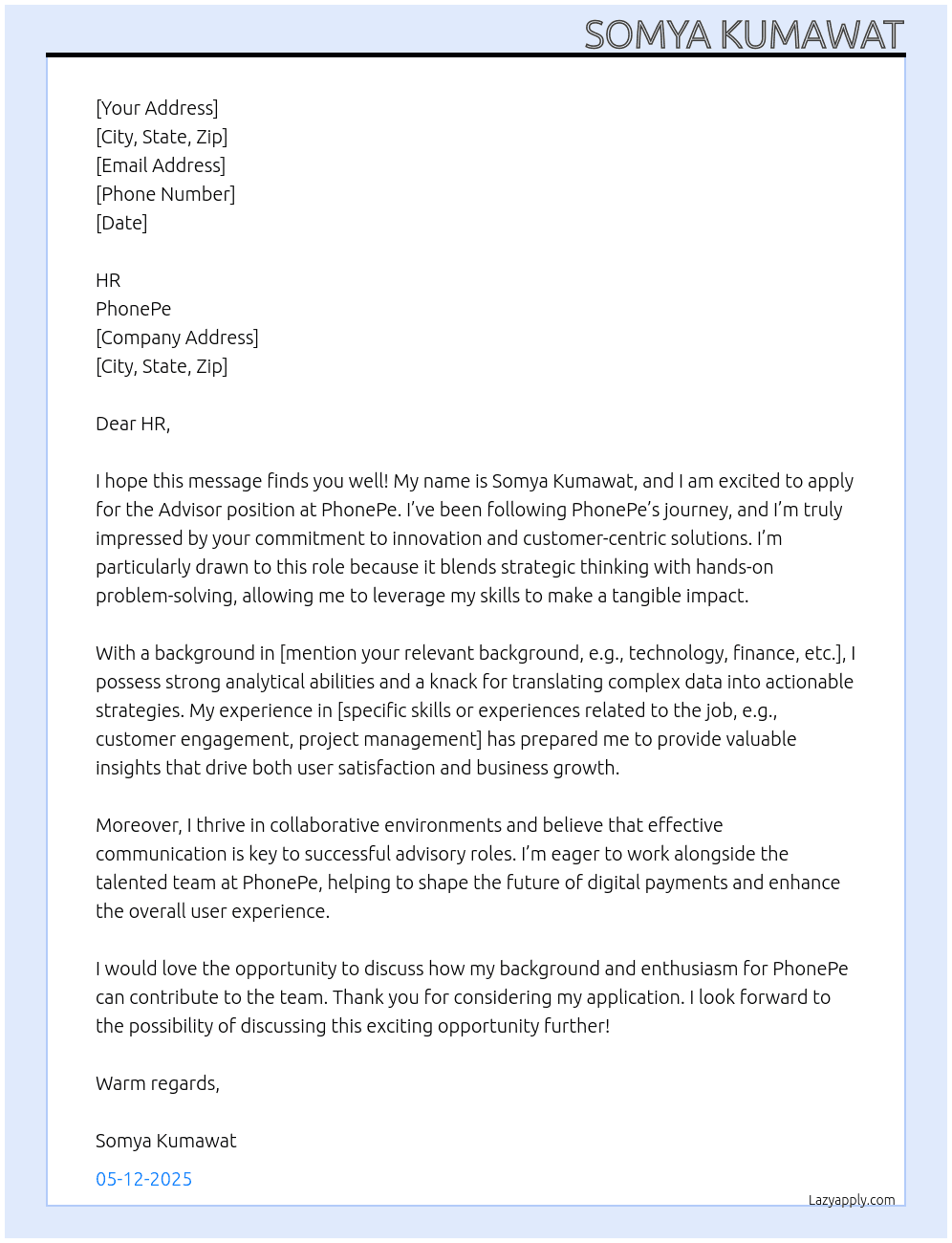 Advisor At phone pe Cover Letter