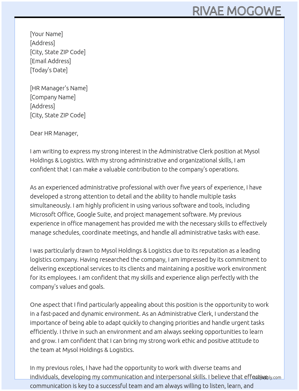 Administrative clerk  At Mysol holdings & logistics  Cover Letter
