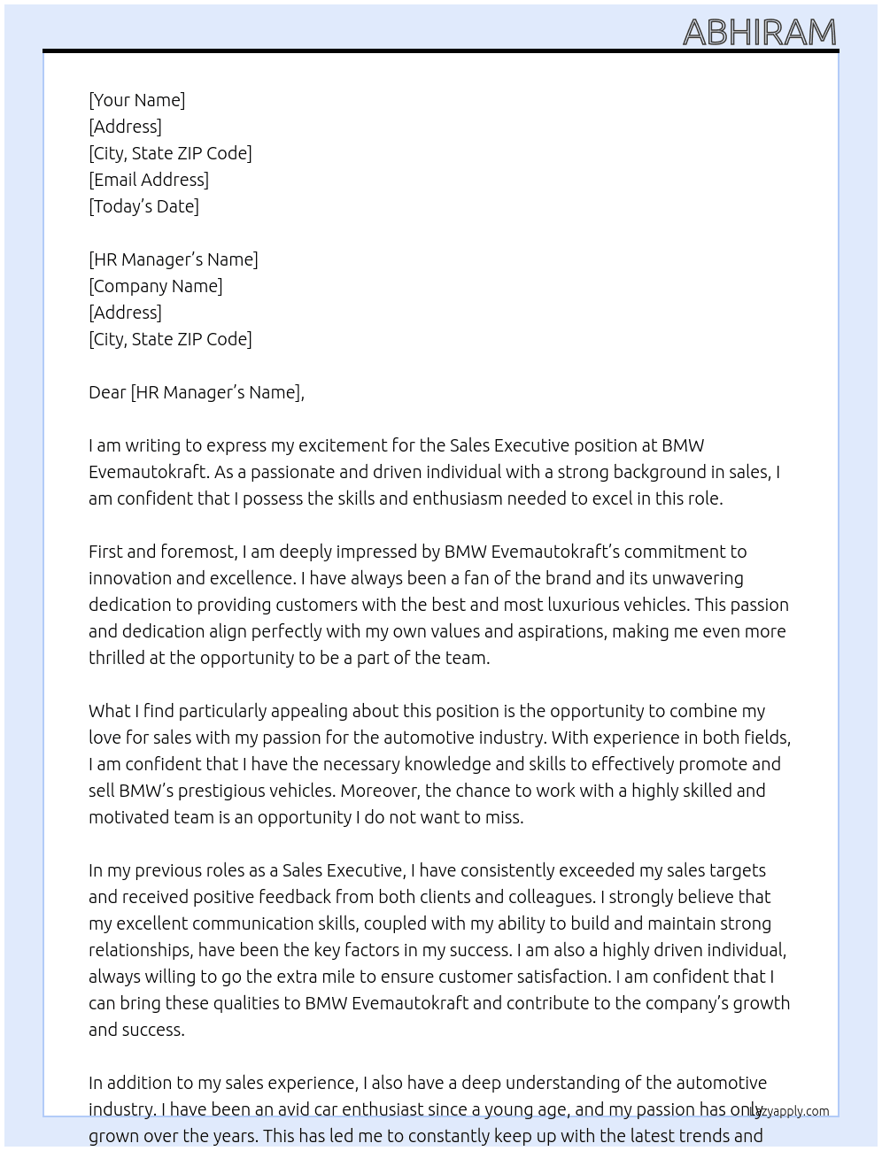 Sales executive  At Bmw evemautokraft Cover Letter