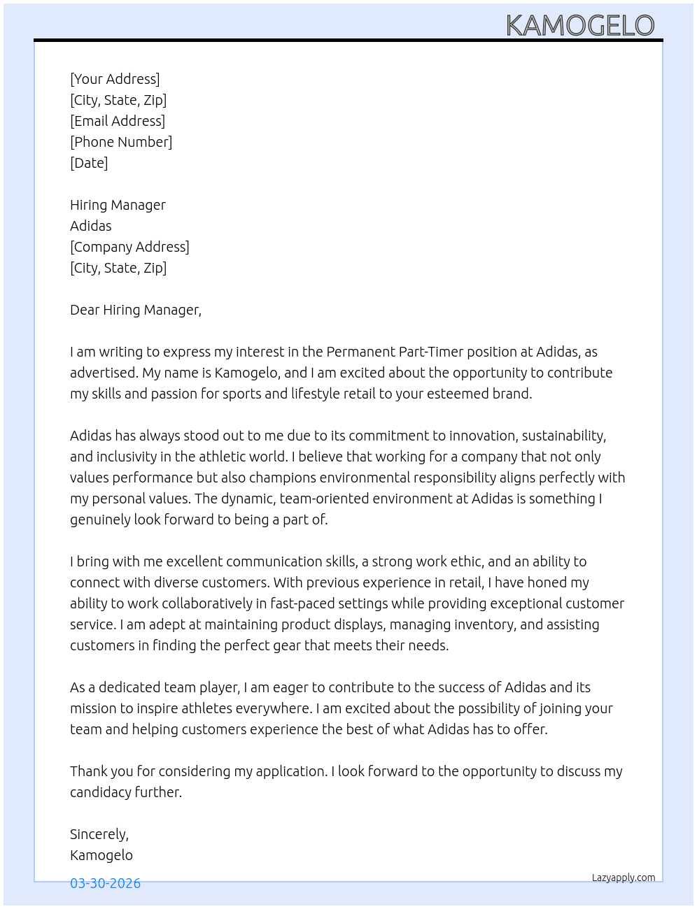 Permanent Part-Timer At Adidas  Cover Letter