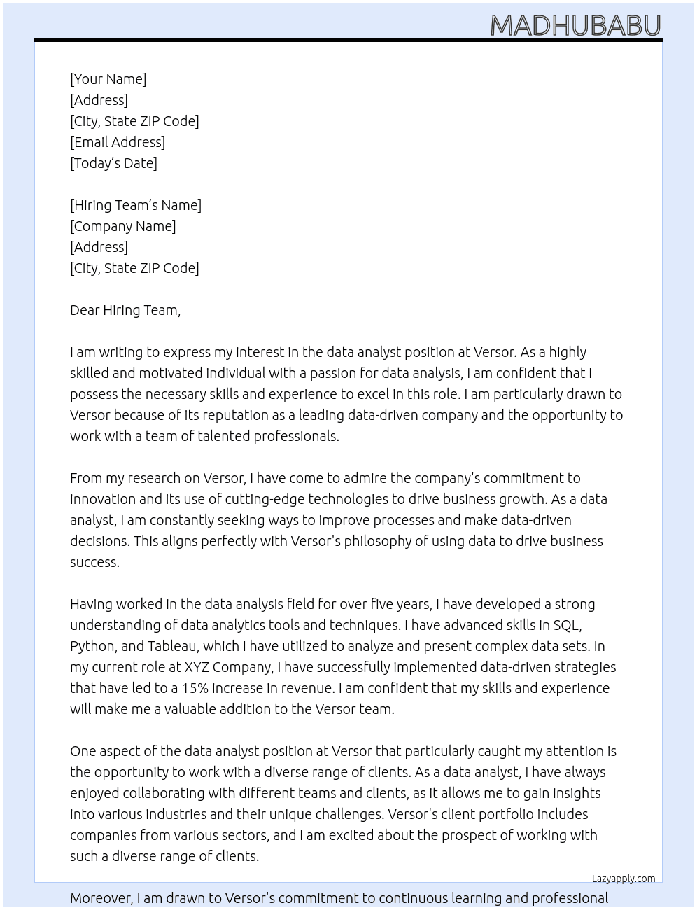 data analyst At versor Cover Letter