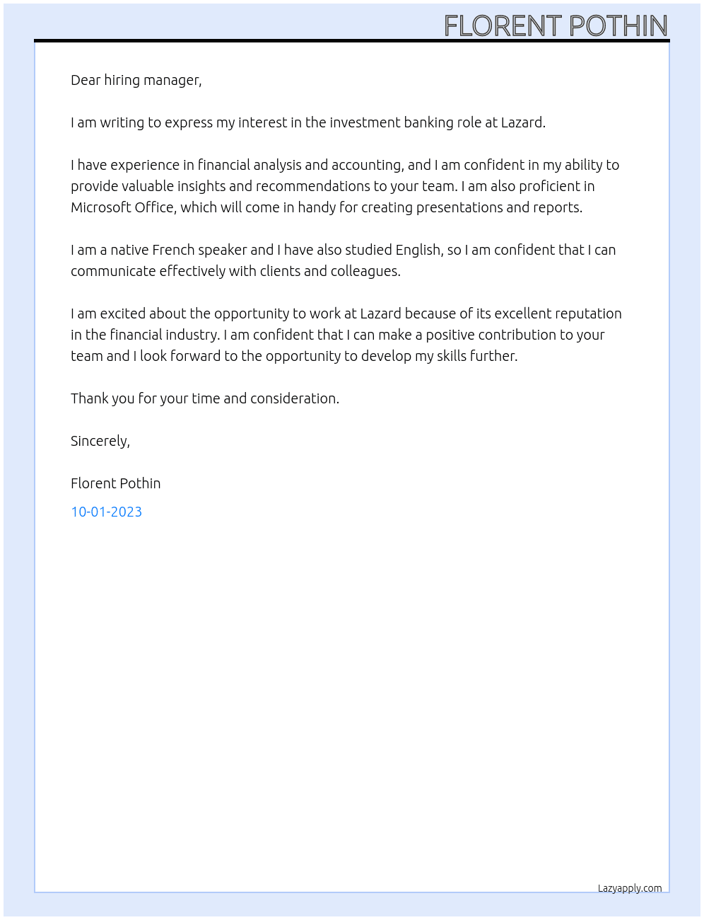 Investment banker At Lazard Cover Letter