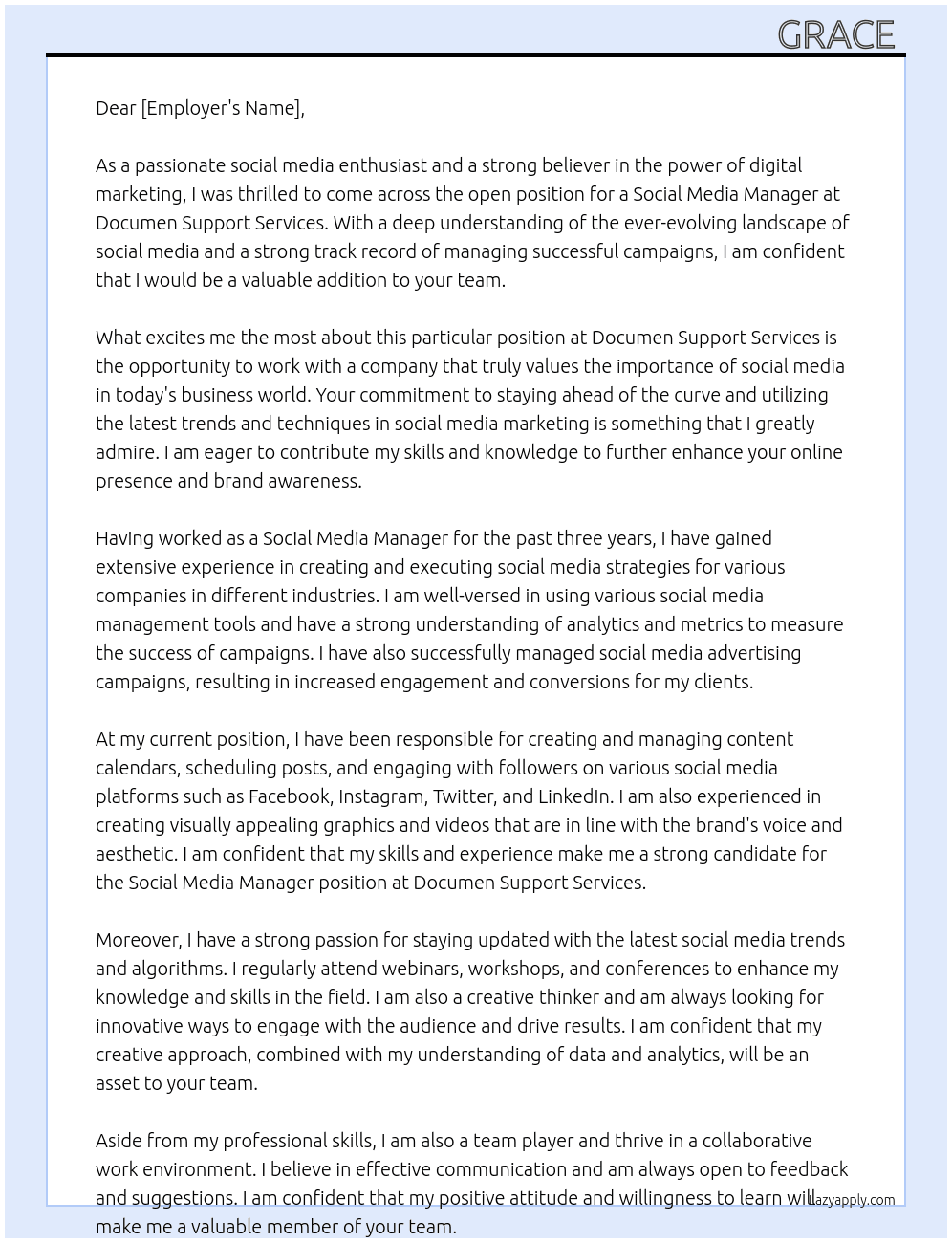 Social Media manager At Documen Support Services Cover Letter