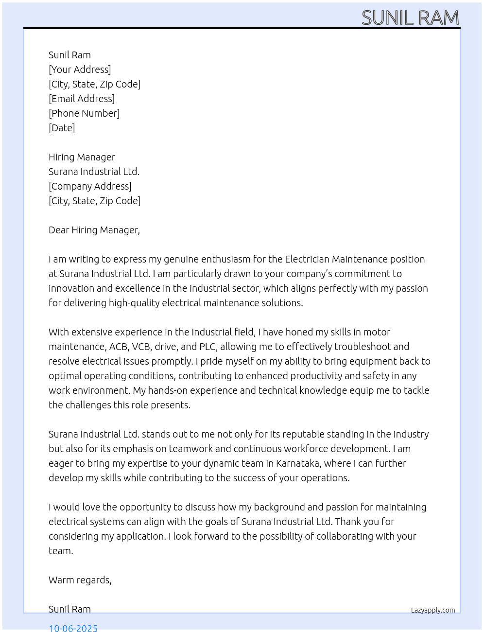 Cover letter for electrician maintenance - LazyApply