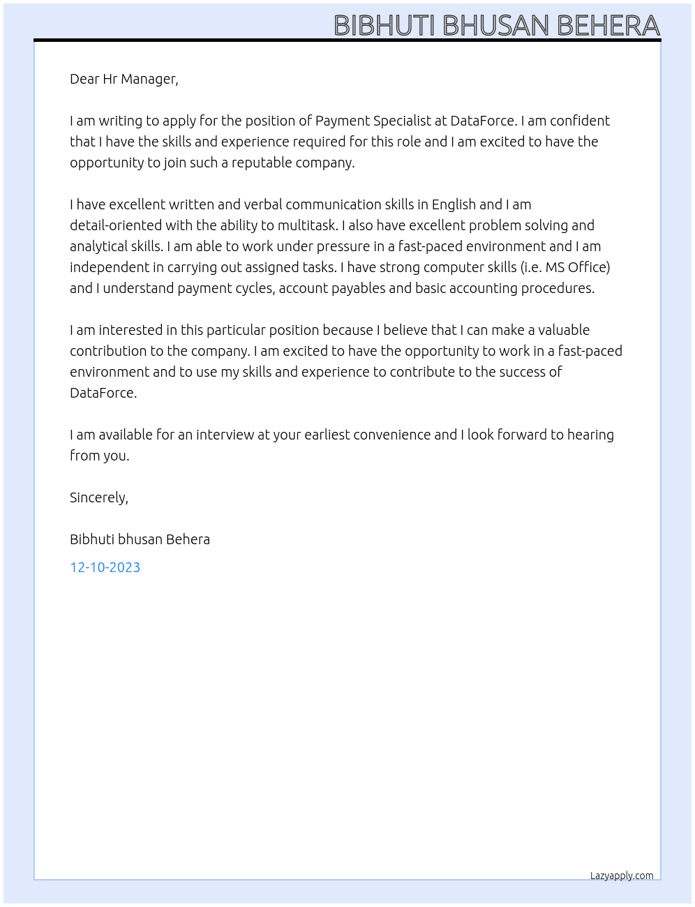 Payment Specialist At DataForce Cover Letter