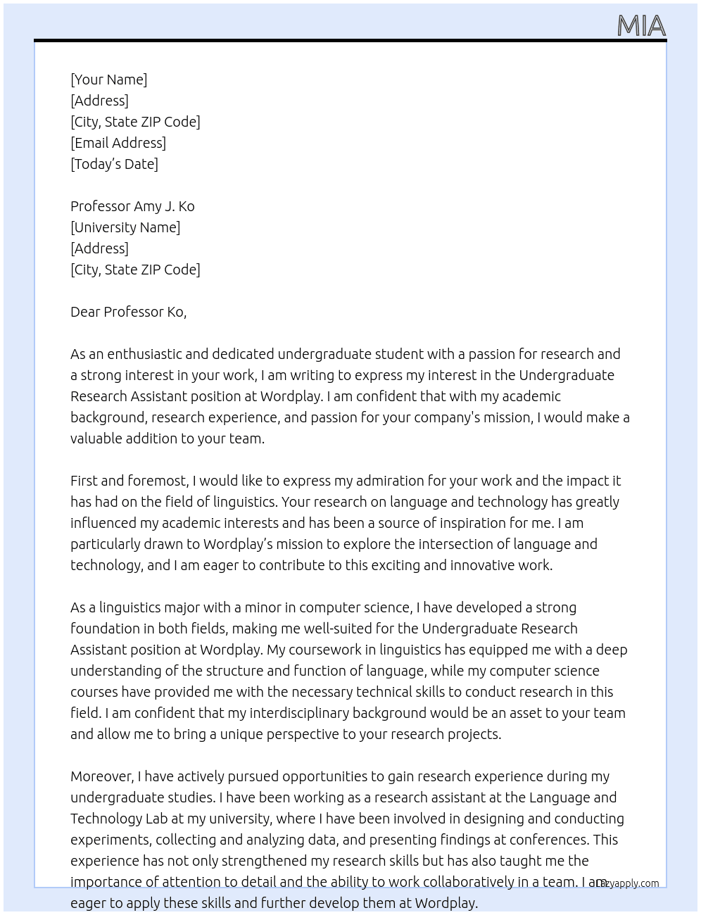 Undergraduate Research Assistant At Wordplay Cover Letter