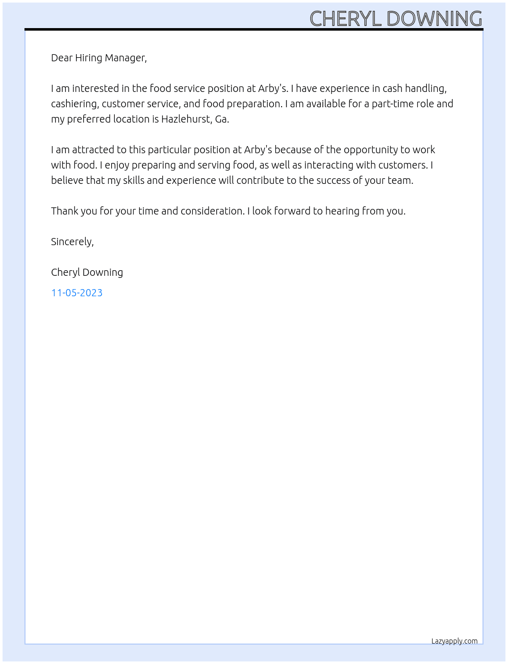 Food Service At Arby's  Cover Letter
