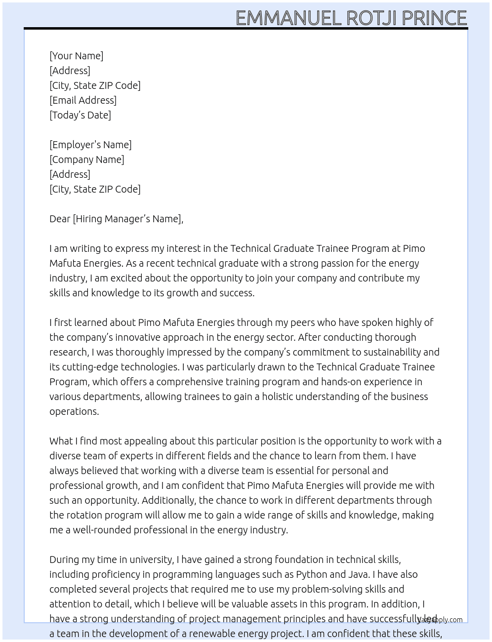 technical graduate trainee program At Pimo Mafuta Energies Cover Letter
