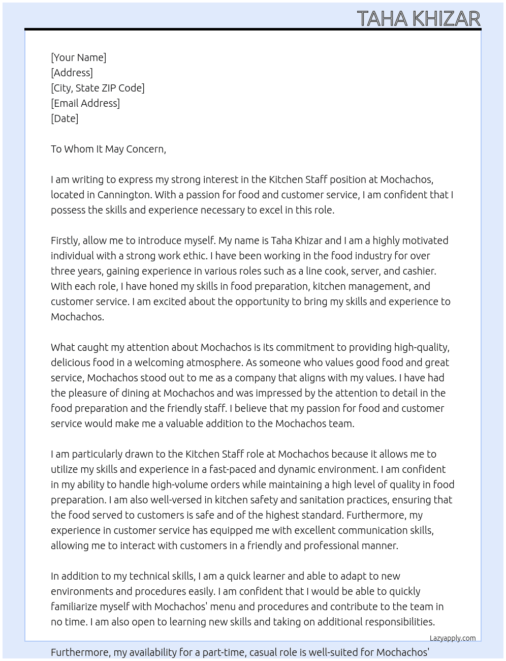 Kitchen Staff At Mochachos  Cover Letter