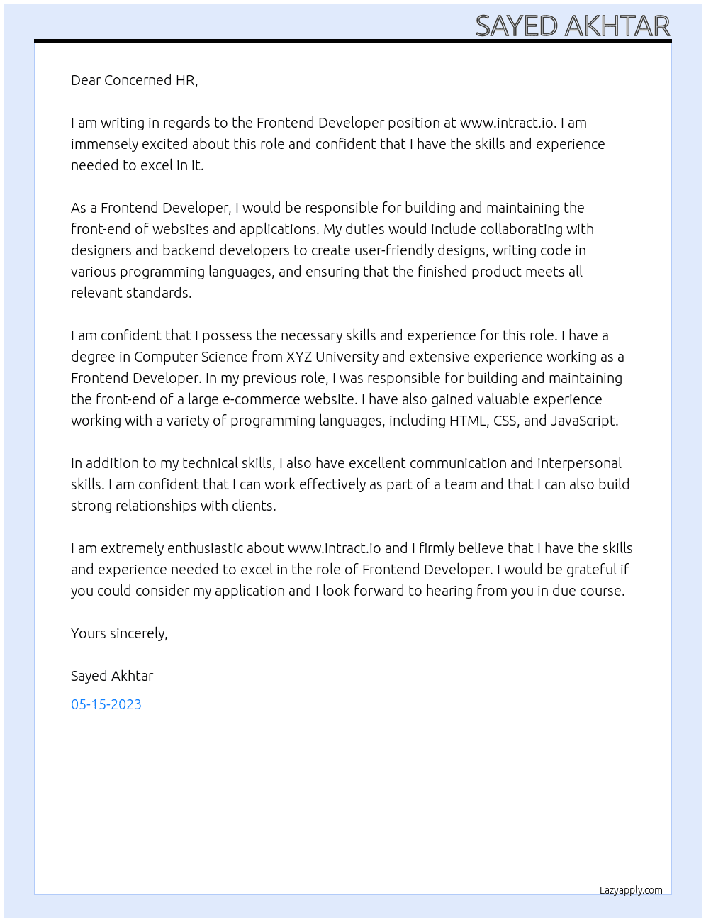 Frontend Developer At www.intract.io Cover Letter