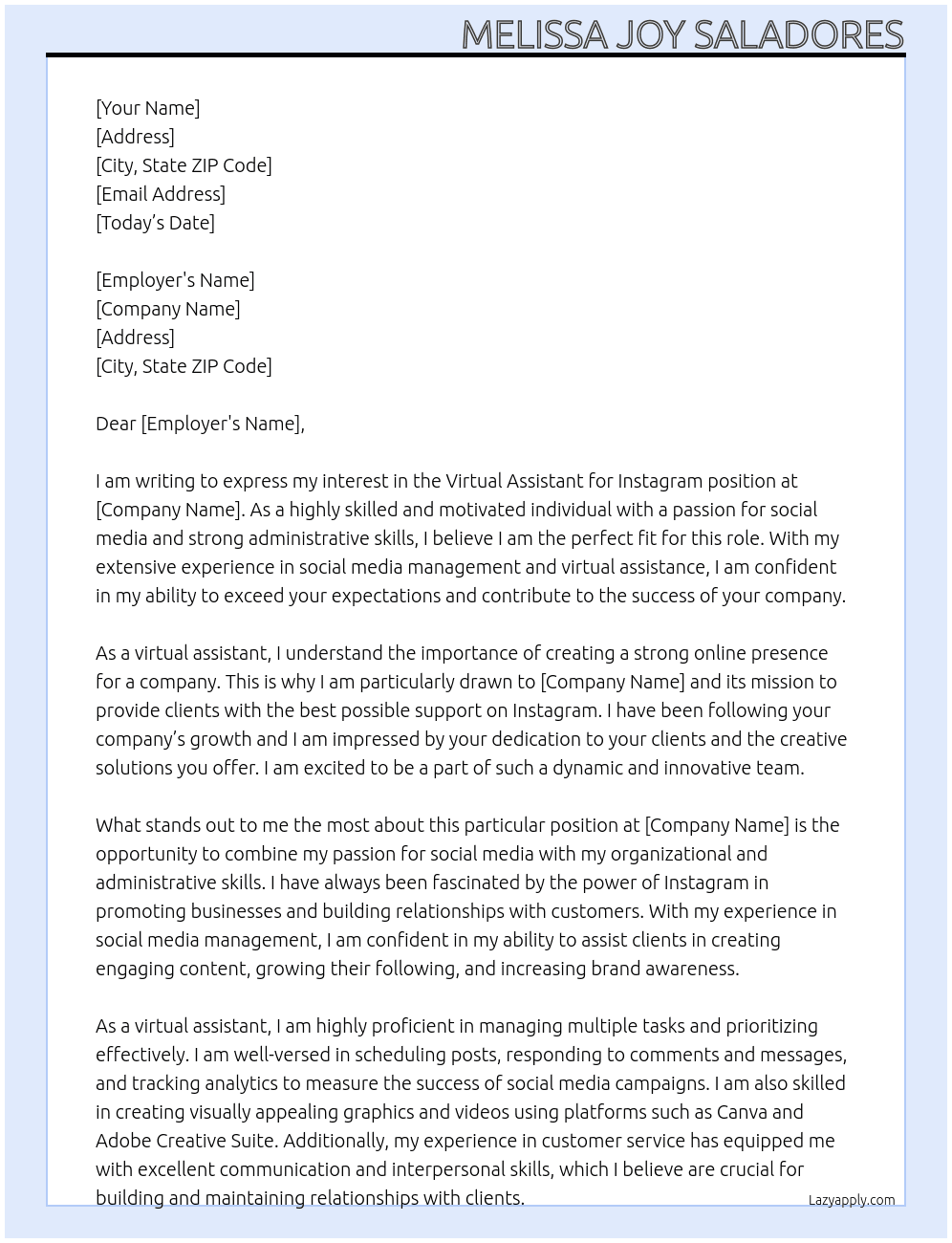 virtual assistant for instagram At us Cover Letter