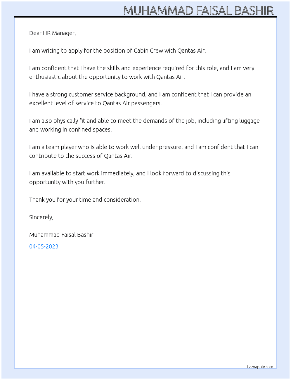 Cabin Crew At Qantas Air Cover Letter