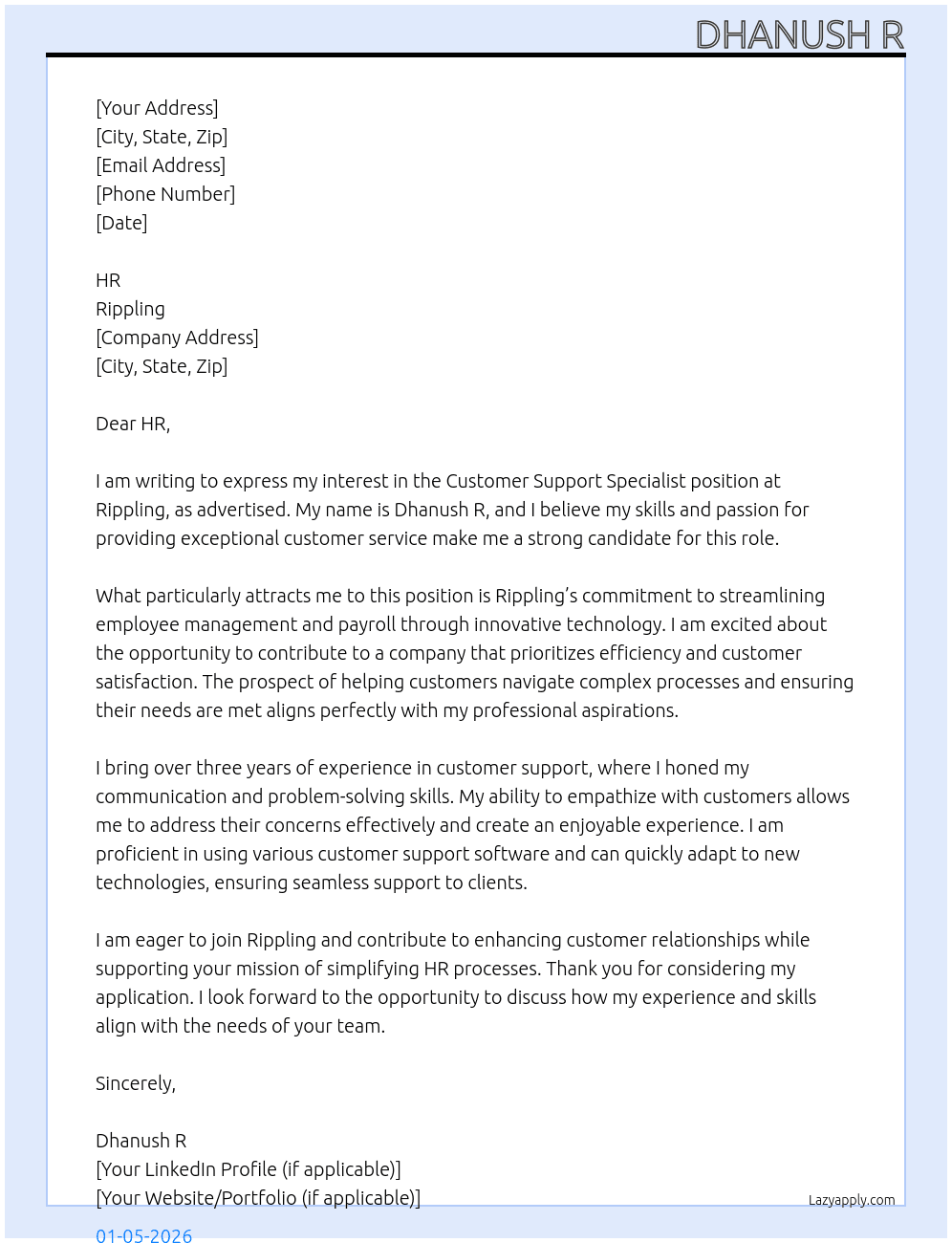 Customer Support Specialist At rippling Cover Letter