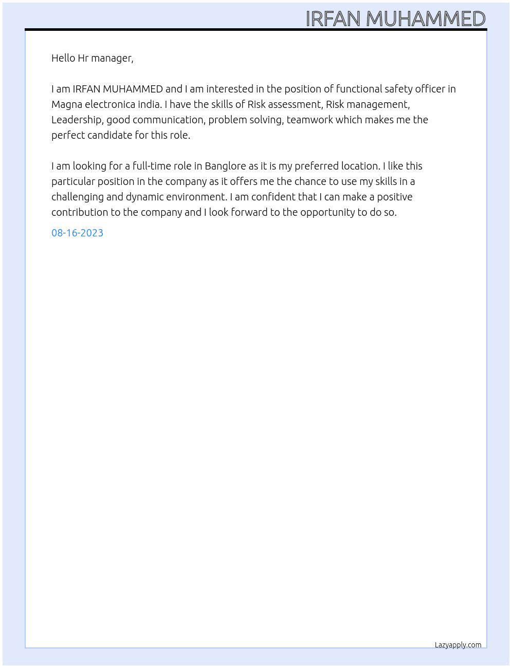 Functional safety officee At Magna electronica india Cover Letter