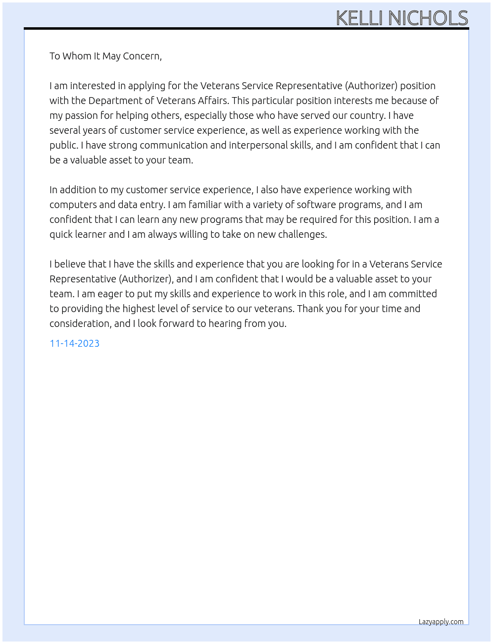 Veterans Service Representative (Authorizer) At Department of Veterans Affairs Cover Letter