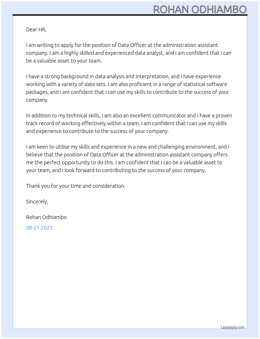 Data Officer At administration assistant Cover Letter