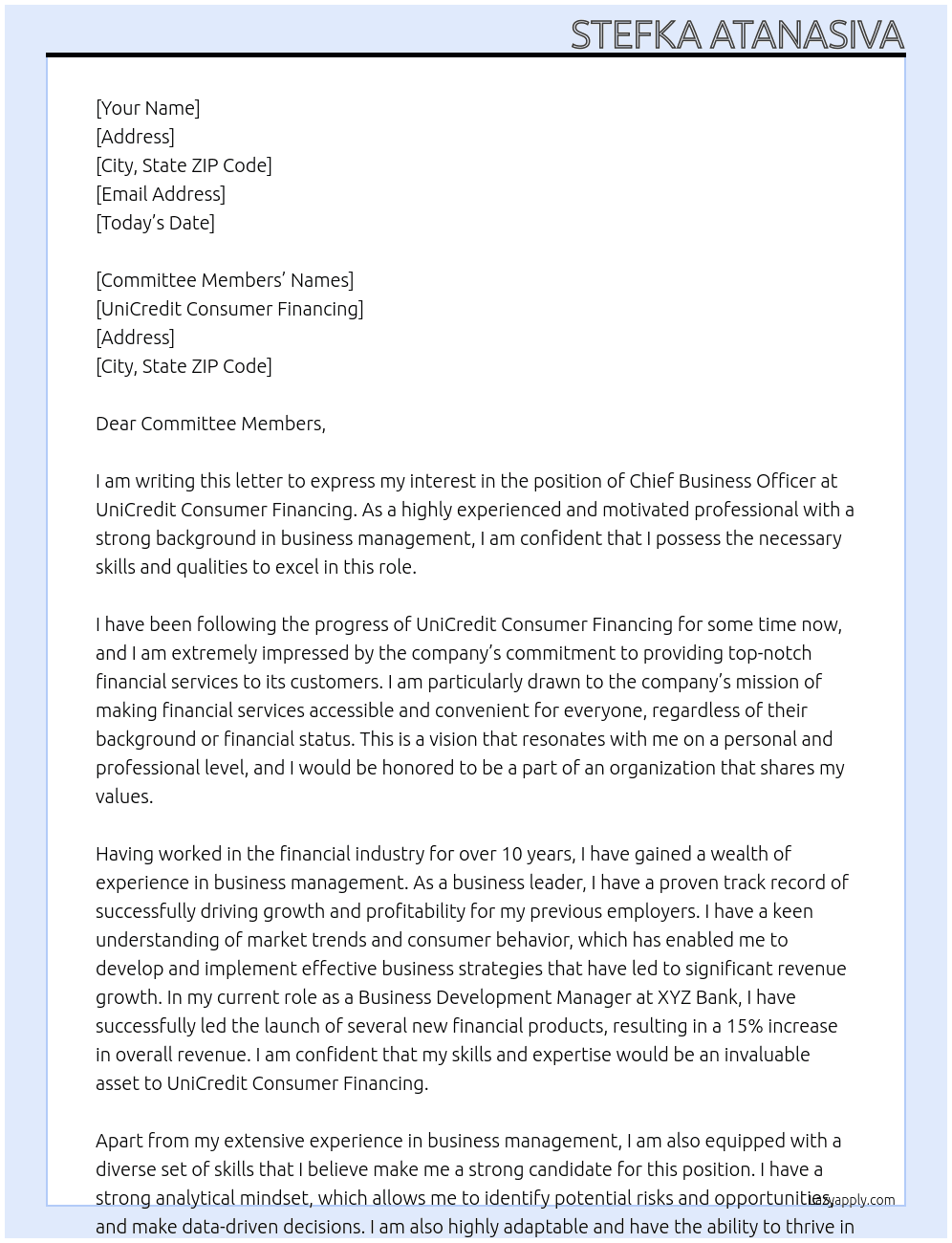 chief business officer At UniCredit Consumer Financing Cover Letter