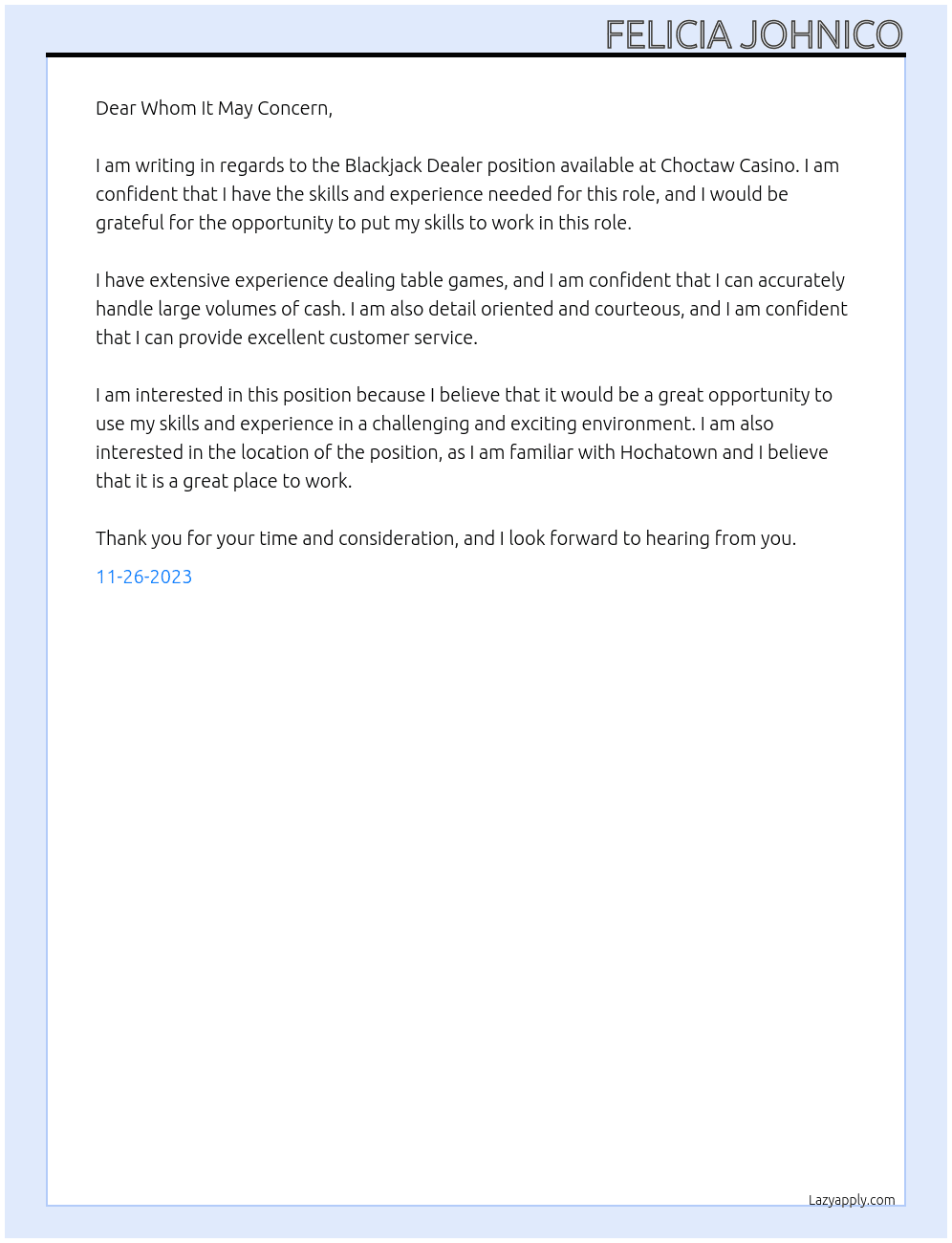 Blackjack Dealer At Choctaw Casino Cover Letter