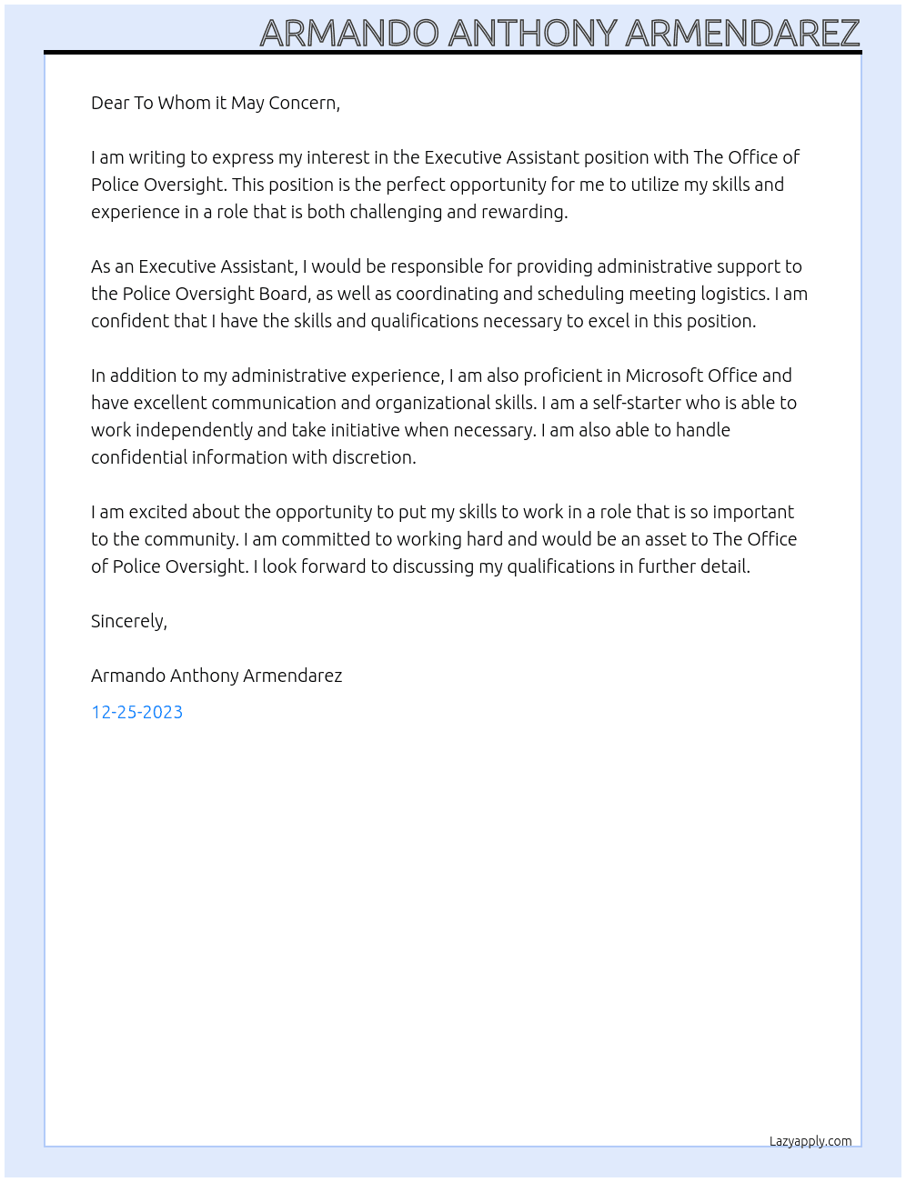 Executive Assistant with The Office of Police Oversight At SEIU Cover Letter