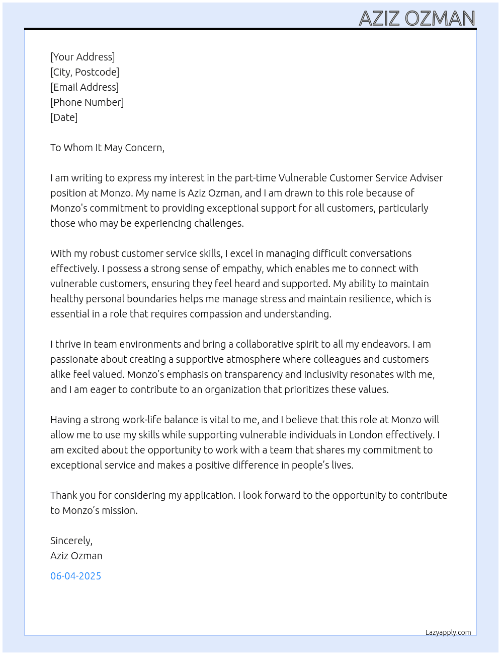 Vulnerable customer service adviser At Monzo Cover Letter