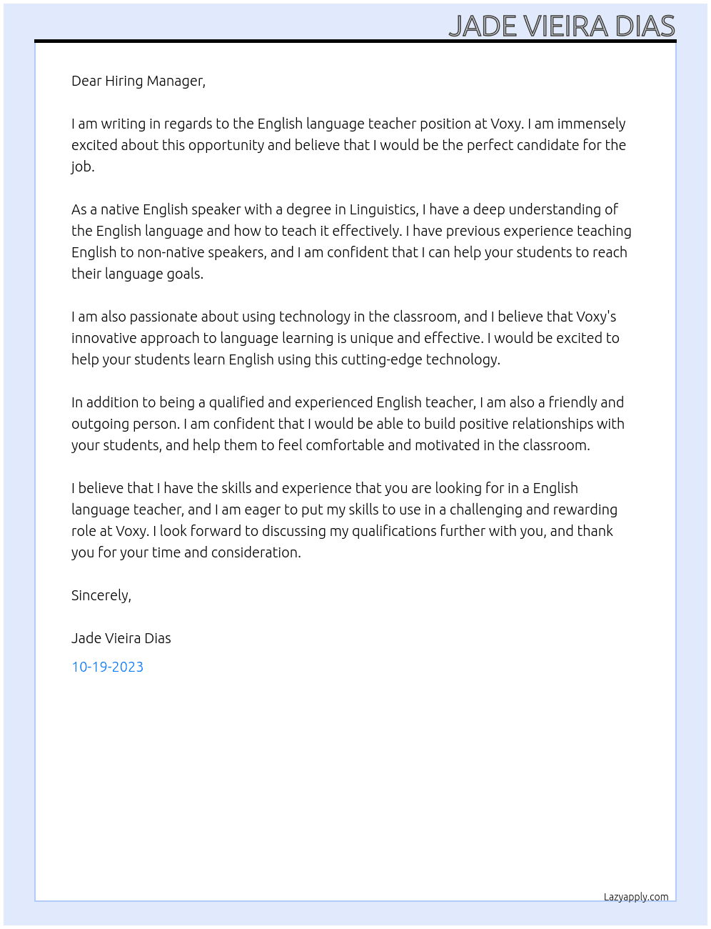 English language teacher At Voxy Cover Letter