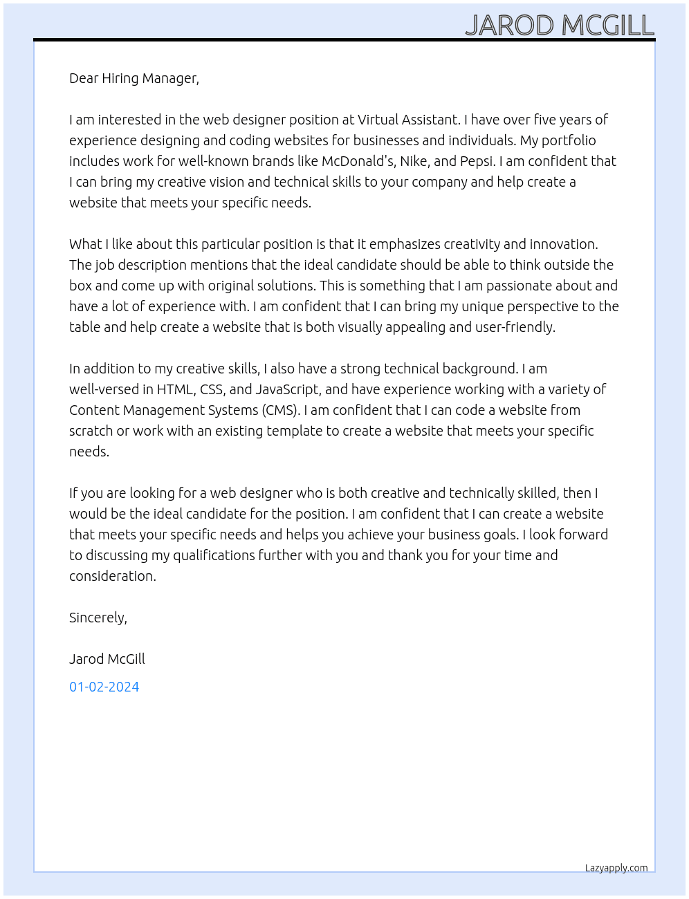 Web Designer At Virtual Assisstant Cover Letter