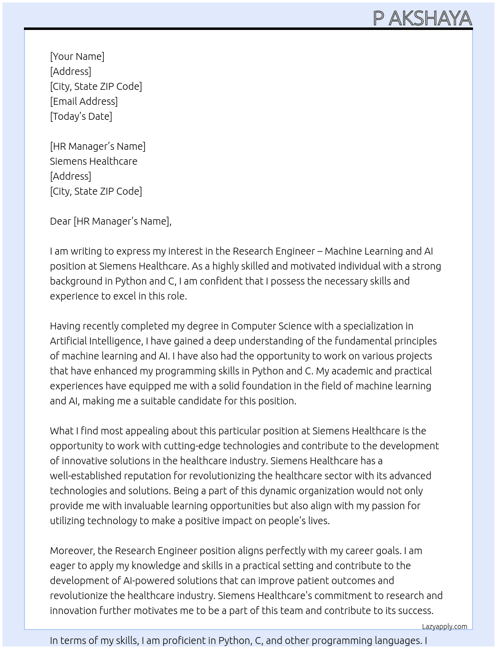 Research Engineer – Machine Learning and AI At Siemens Healthcare Cover Letter