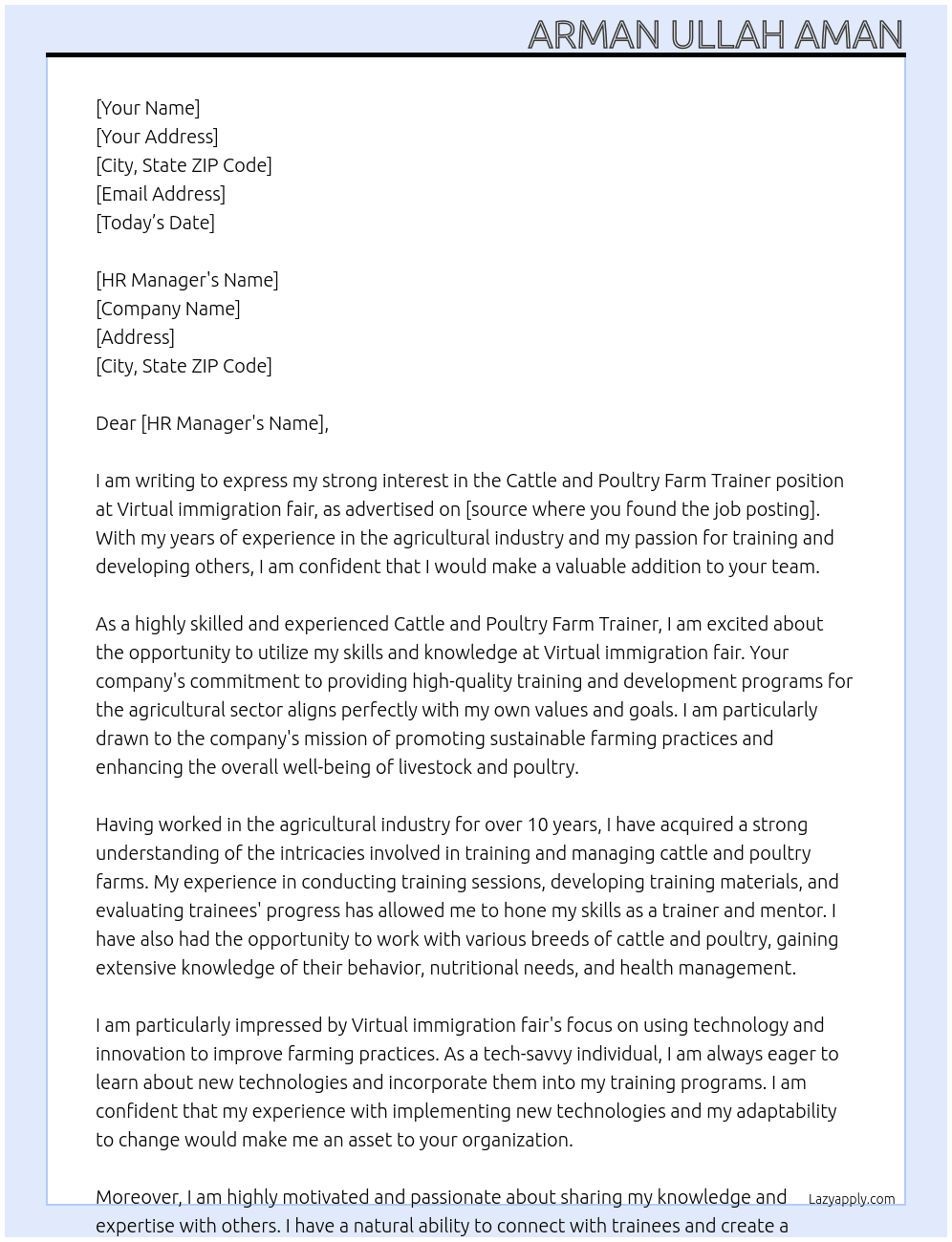 Cattle and Poultry Farm Trainer At Virtual immigration fair  Cover Letter