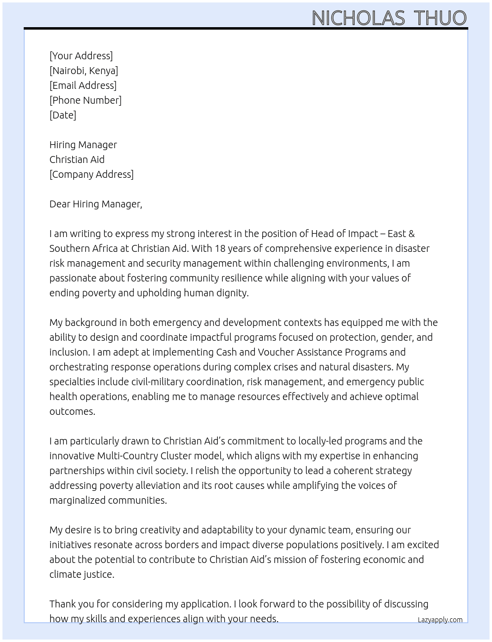 Head of Impact – East & Southern Africa At Christian Aid Cover Letter