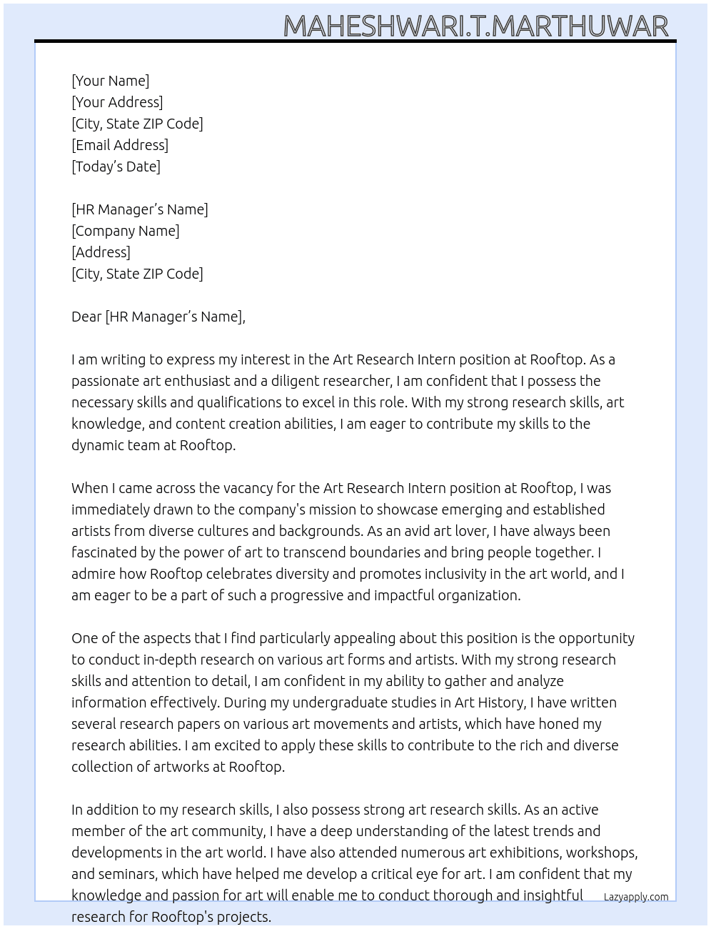 Art Research intern  At Rooftop  Cover Letter