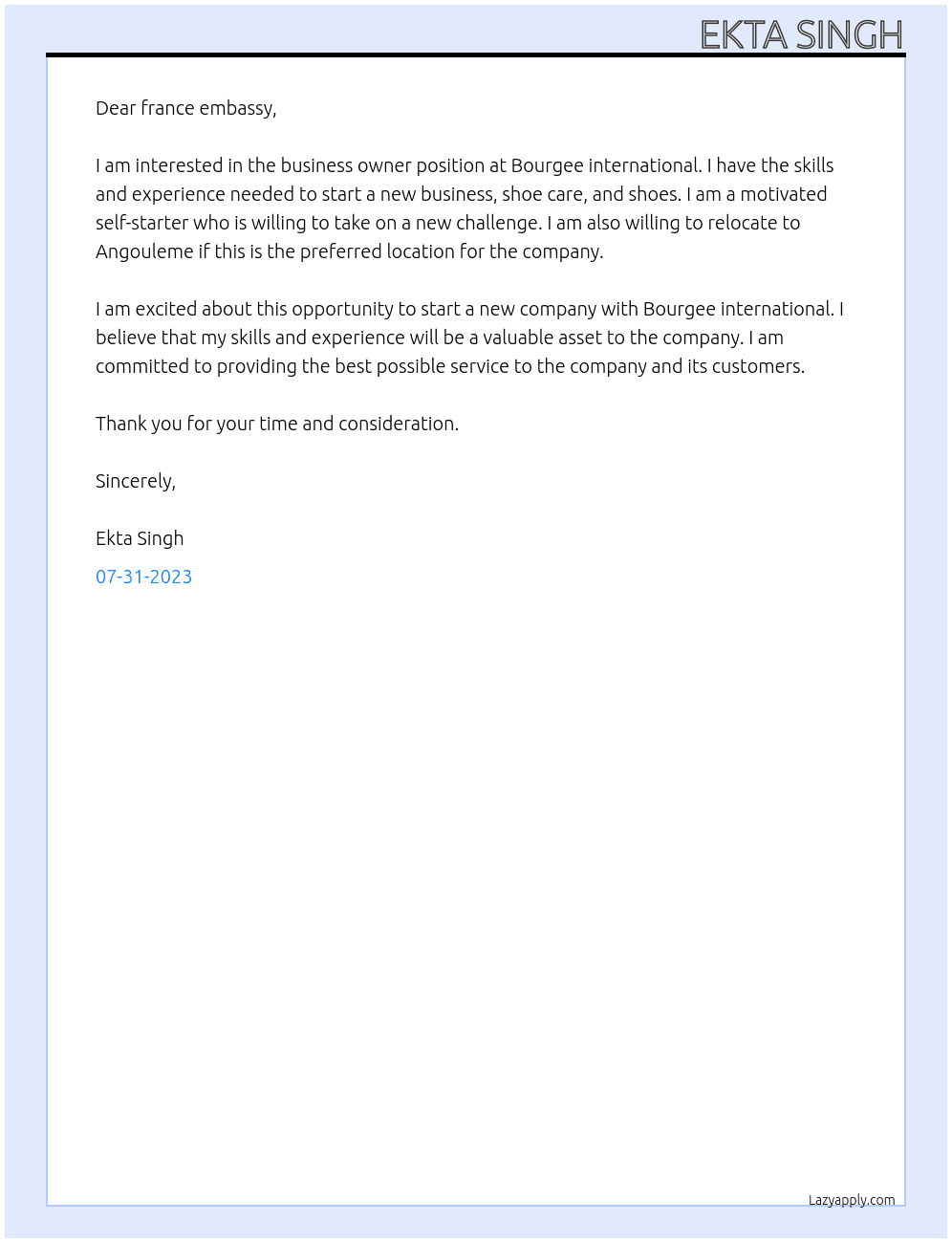 business owner At Bourgee international Cover Letter