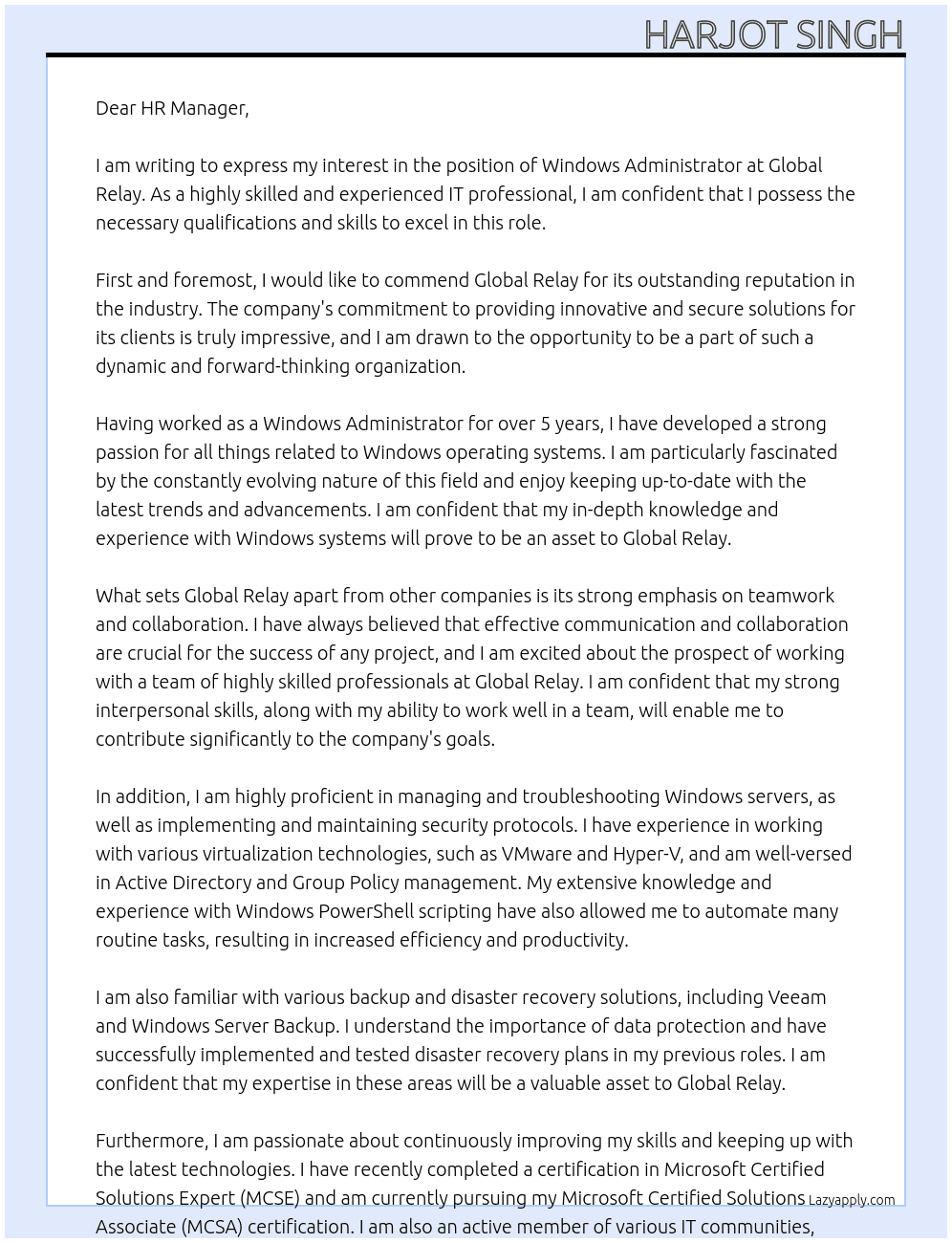 Windows Administrator At Global relay Cover Letter