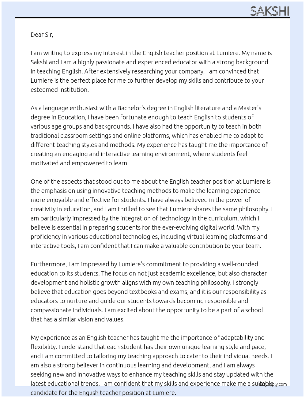 English teacher At Lumiere Cover Letter