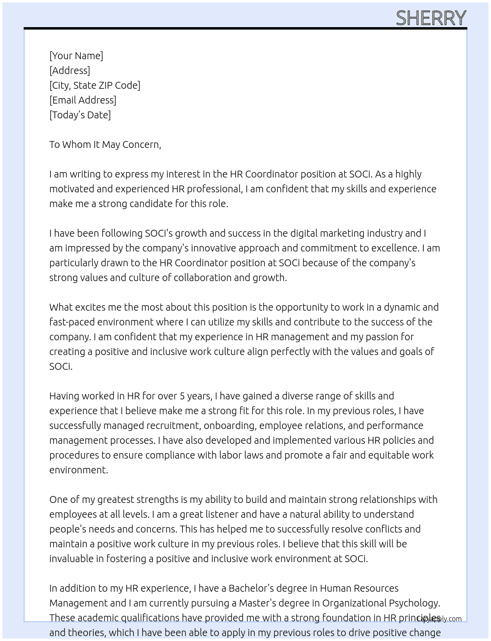 HR Coordinator At SOCi Cover Letter
