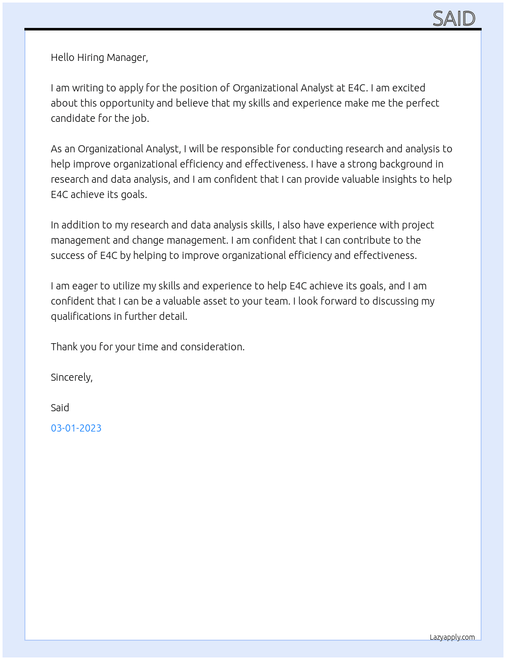 Organizational analyst  At E4C Cover Letter
