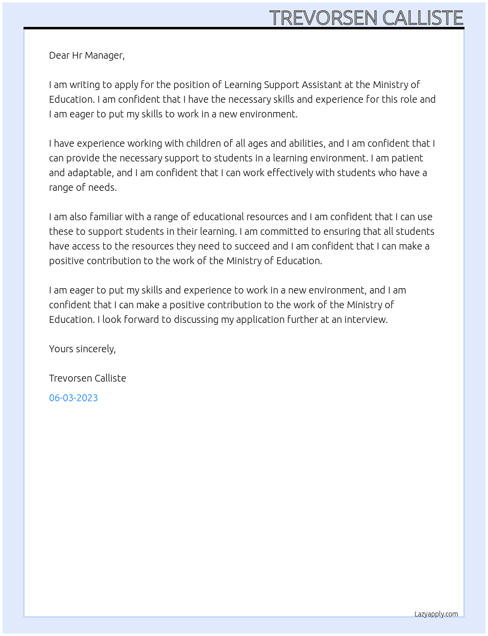 Learning Support Assistant At Ministry of Education Cover Letter