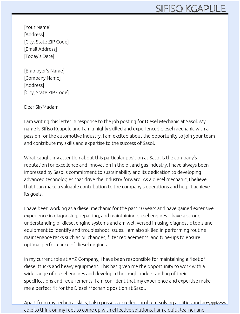 Diesel mechanic  At Sasol  Cover Letter