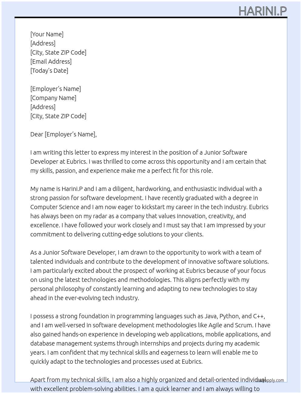 junior software developer At Eubrics Cover Letter