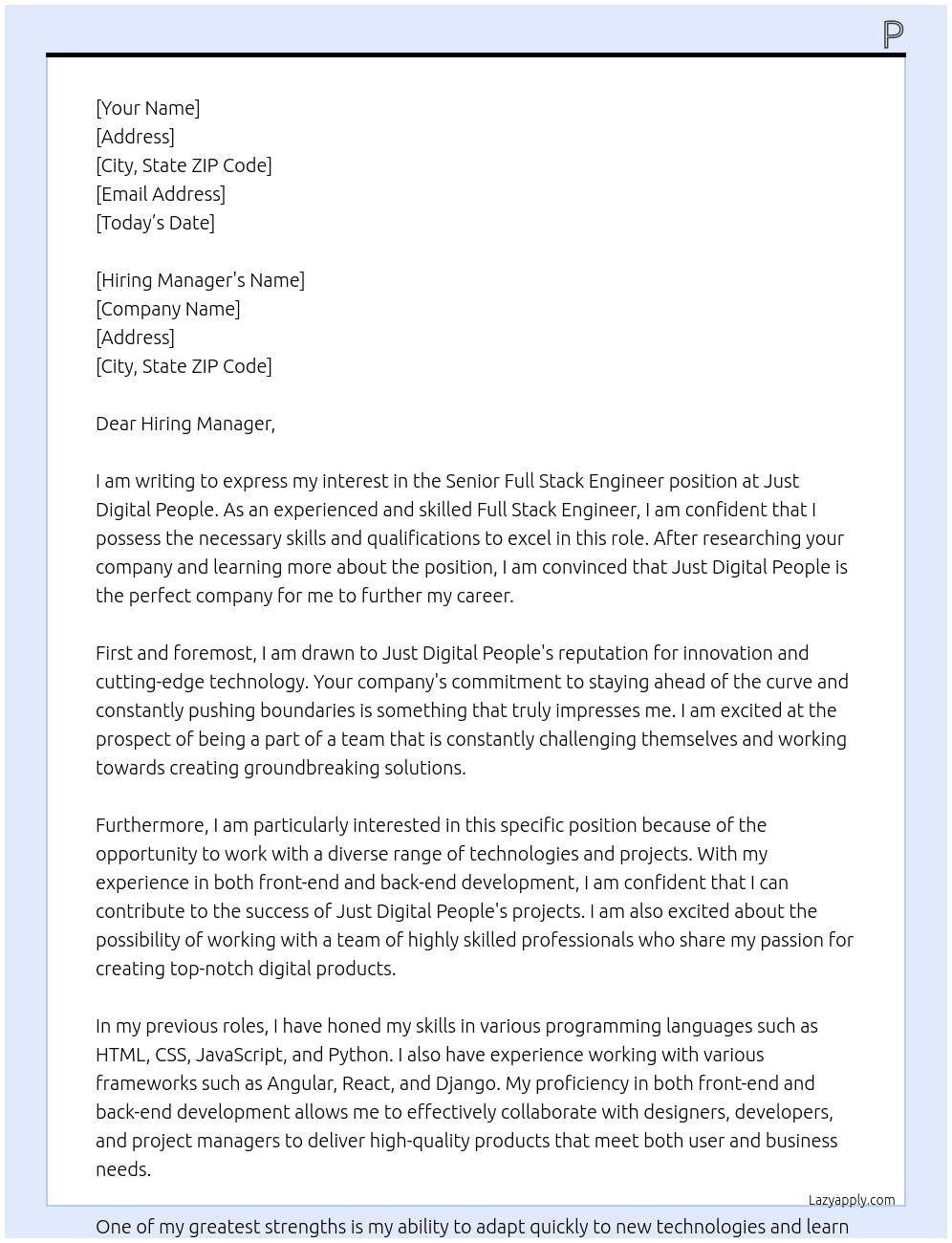 Senior Full Stack Engineer At Just Digital People Cover Letter