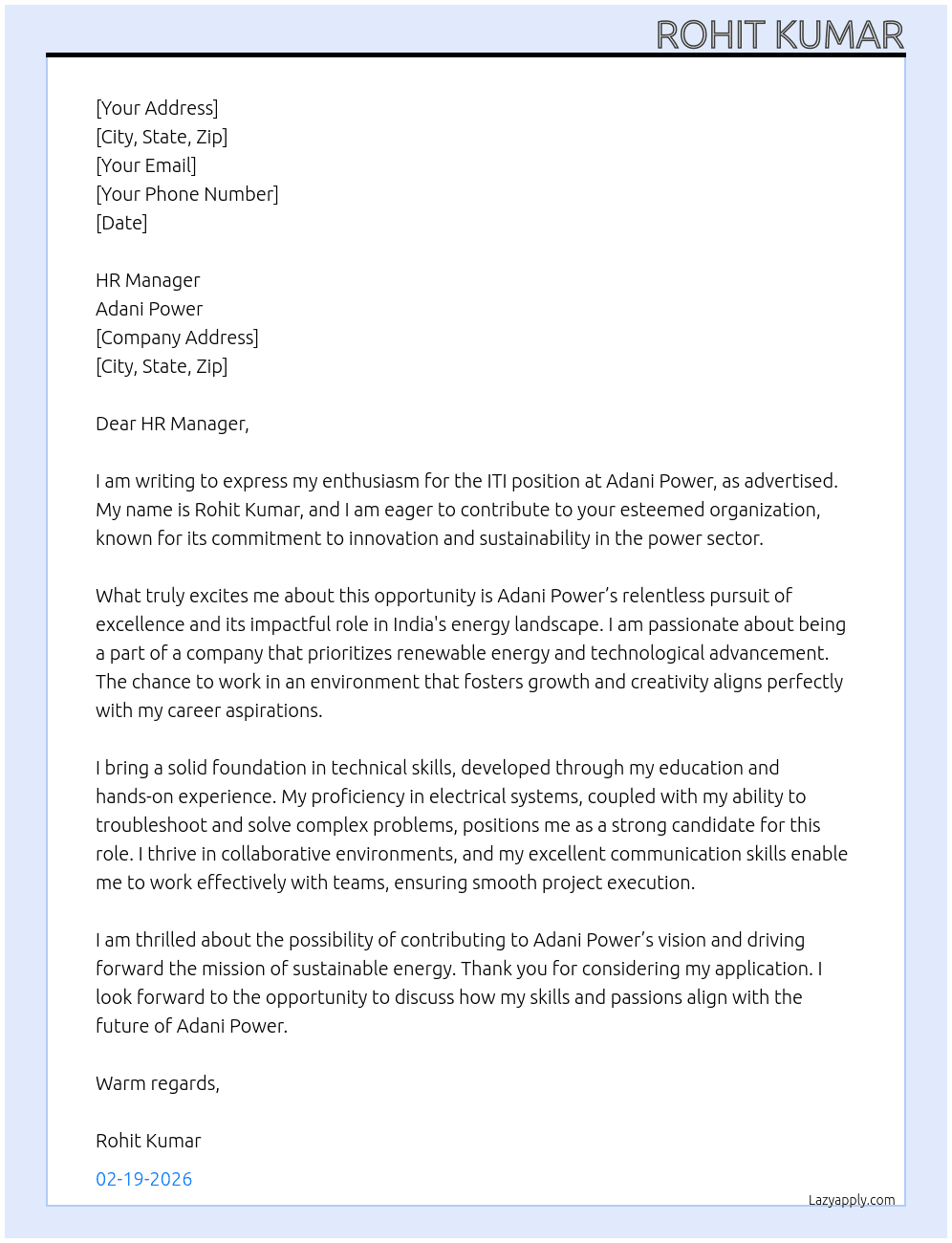 Iti At Adani power  Cover Letter
