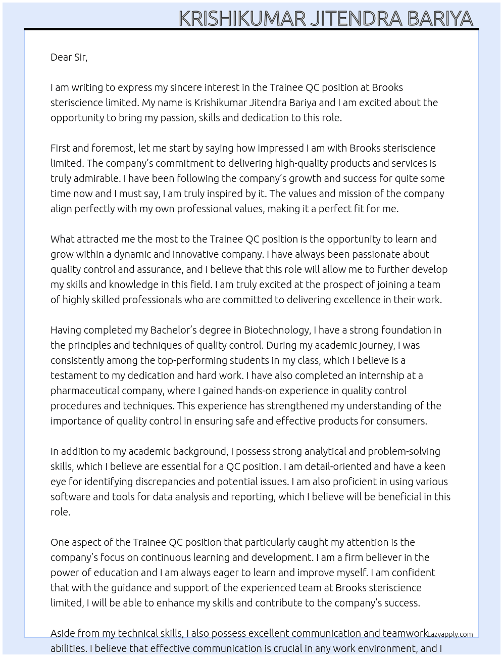Traniee QC position  At Brooks steriscience limited  Cover Letter