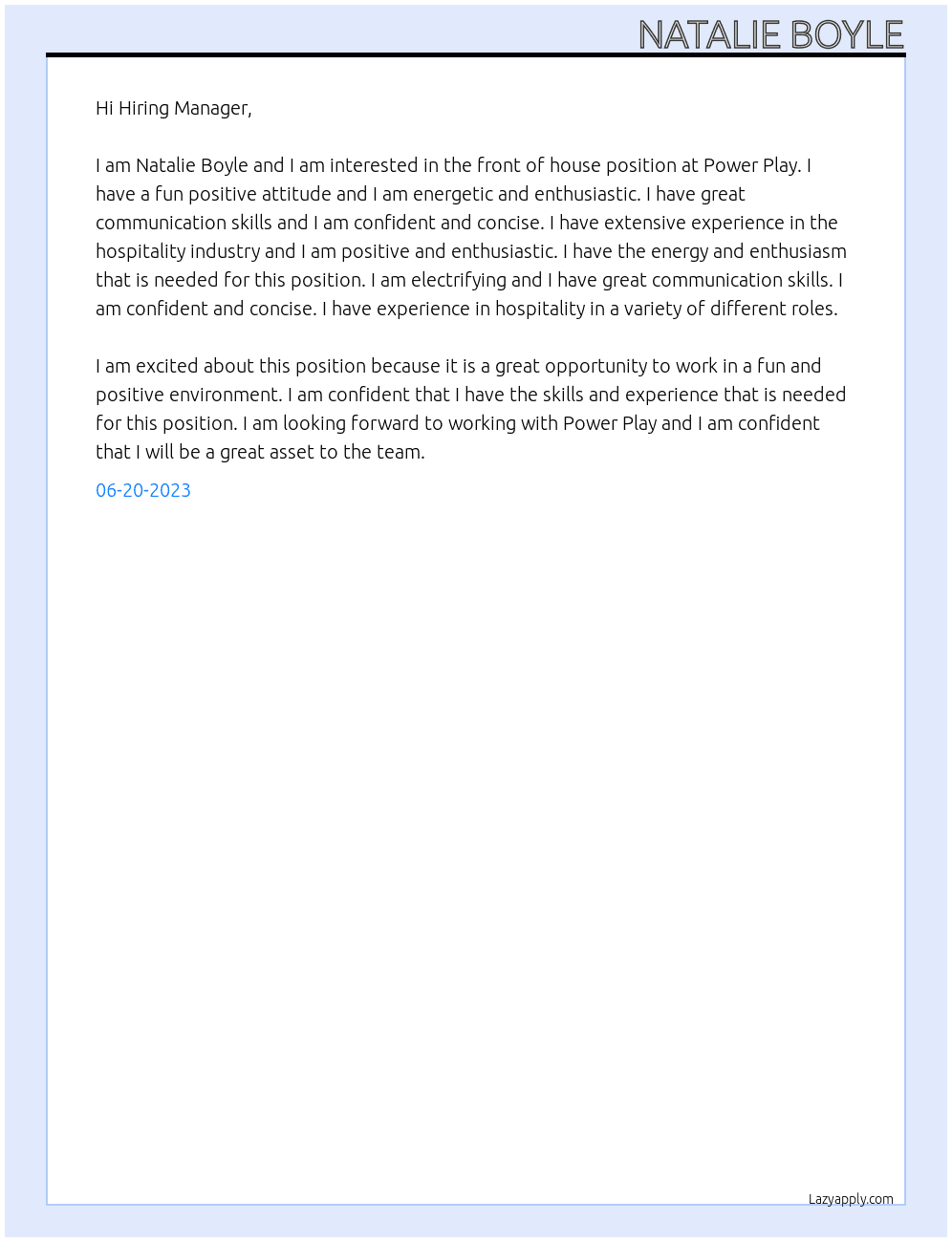Front of house At Power Play  Cover Letter