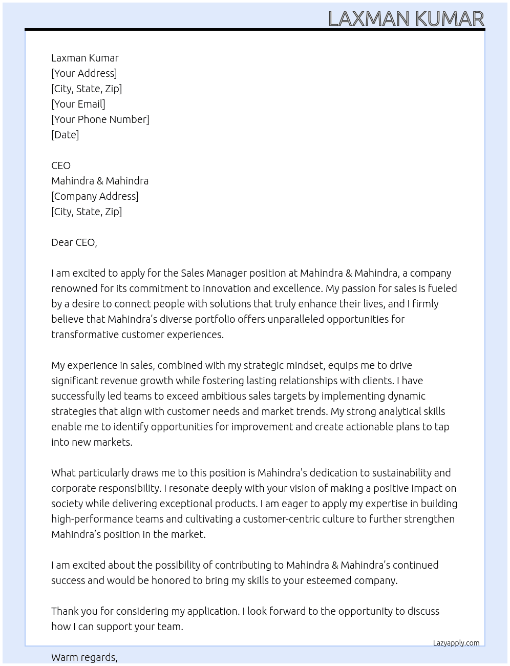 Sales manager At Mahindra $ mahindra  Cover Letter