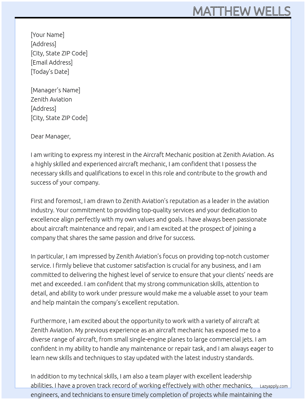 Aircraft Mechanic At Zenith Aviation Cover Letter