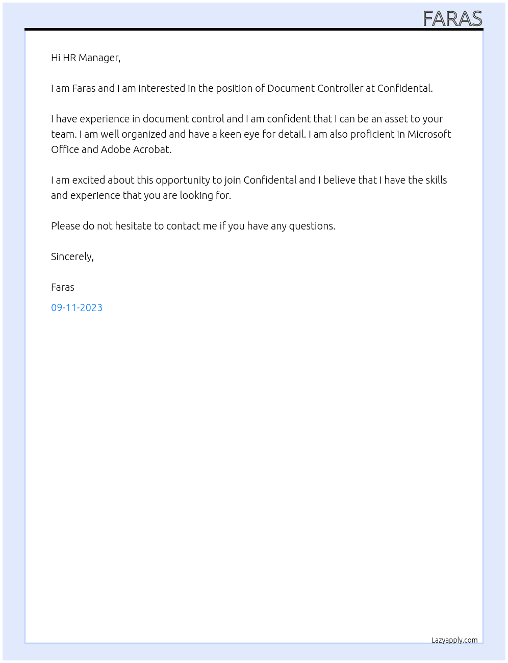 Document controller At Confidental Cover Letter