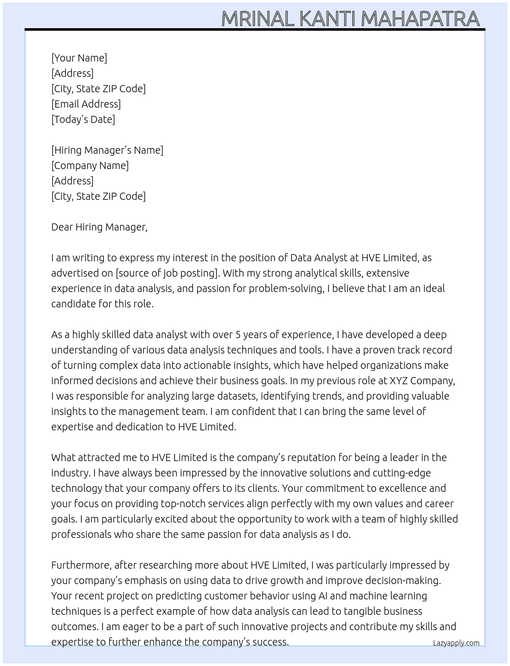 Data analyst  At HVE LIMITED Cover Letter